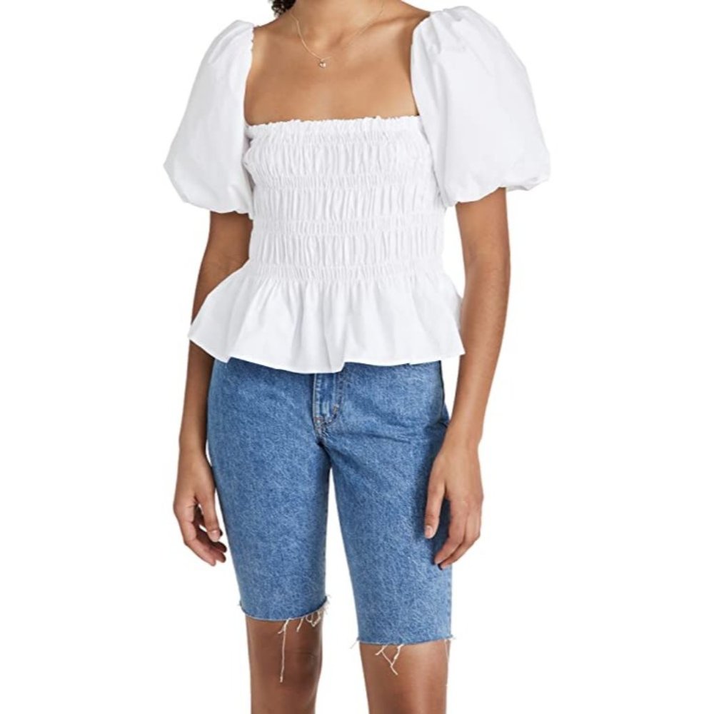 ASTR The Label SZ-Medium Savina White Puff-Sleeve Smocked Top NWT